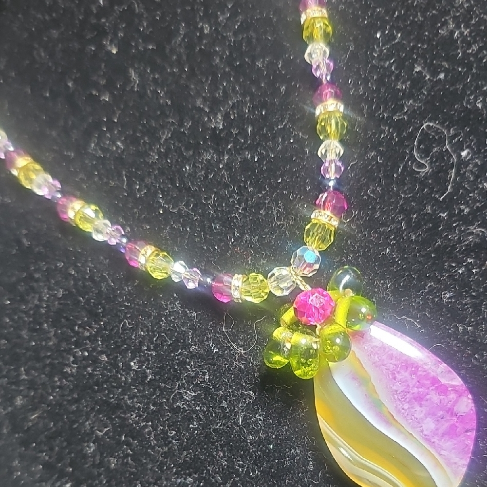 Striped Druzy Agate Multicolor,Beaded Necklace with Pendant